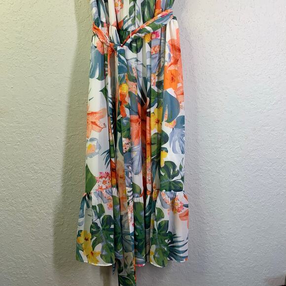 ELIZA J Dress 12 Midi Halter Floral Keyhole Button Neck Closure Ruffle Hem Lined - Picture 9 of 16